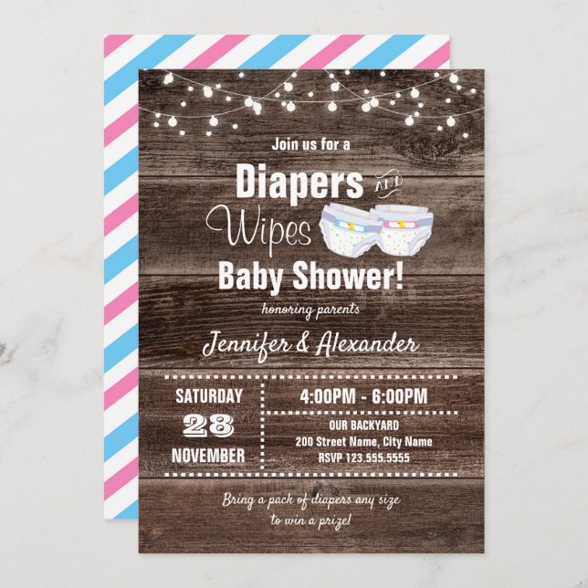 Invitación Baby Shower de pañales y correas (Anverso / Reverso)