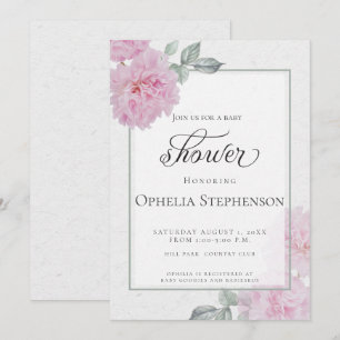 Invitación Baby Shower de papel de arroz de peonés rosado rom