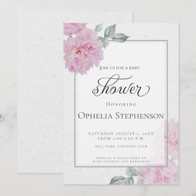 Invitación Baby Shower de papel de arroz de peonés rosado rom (Anverso / Reverso)