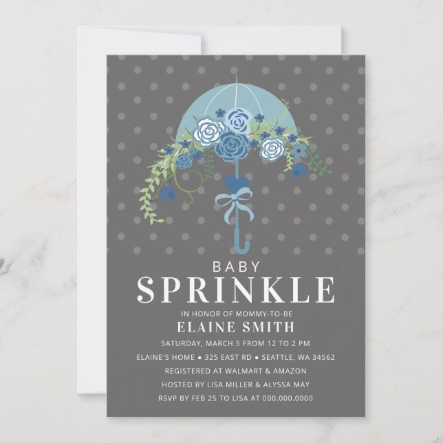 Invitación Baby Shower de paraguas floral azul y gris (Anverso)
