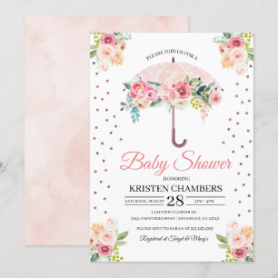 Invitación Baby Shower de paraguas florales rosado