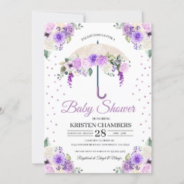 Invitación Baby Shower de paraguas morado floral de primavera