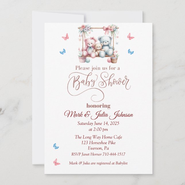 Invitación Baby Shower de parejas con oso y maripo (Anverso)