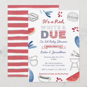 Invitación Baby Shower de Parejas de Coed de Blanco Rojo y Az