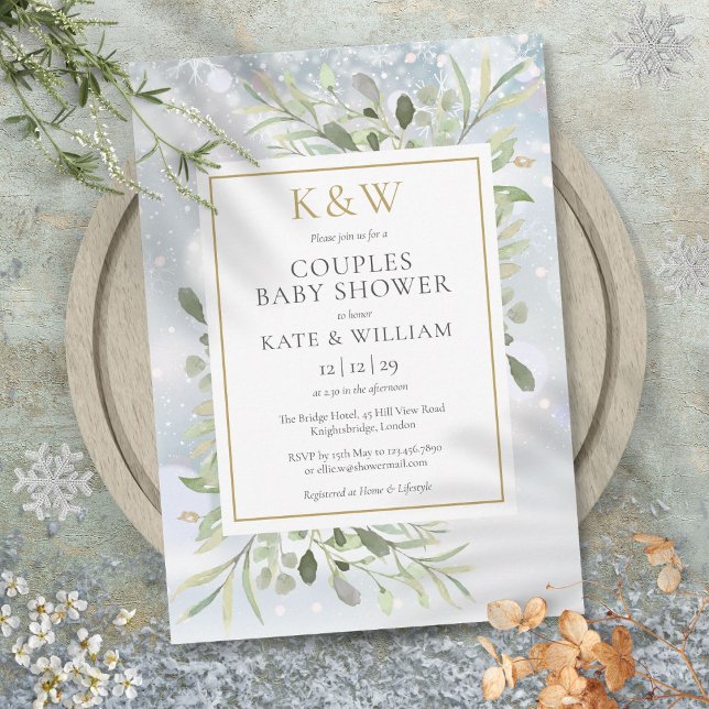 Invitación Baby Shower de Parejas de Verdor Monograma de Oro  (Winter Gold Monogram Greenery Couples Baby Shower Invitation)