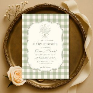 Invitación Baby Shower de Parejas en Verde Salvia a Cuadros