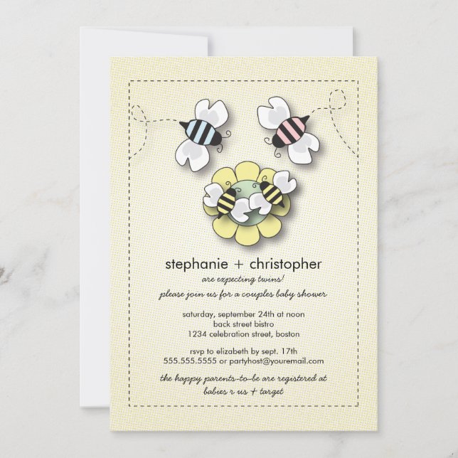 Invitación Baby Shower de parejas gemelas de la familia Happy (Anverso)