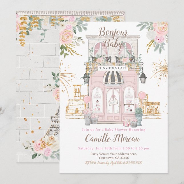 Invitación Baby Shower de París (Anverso / Reverso)
