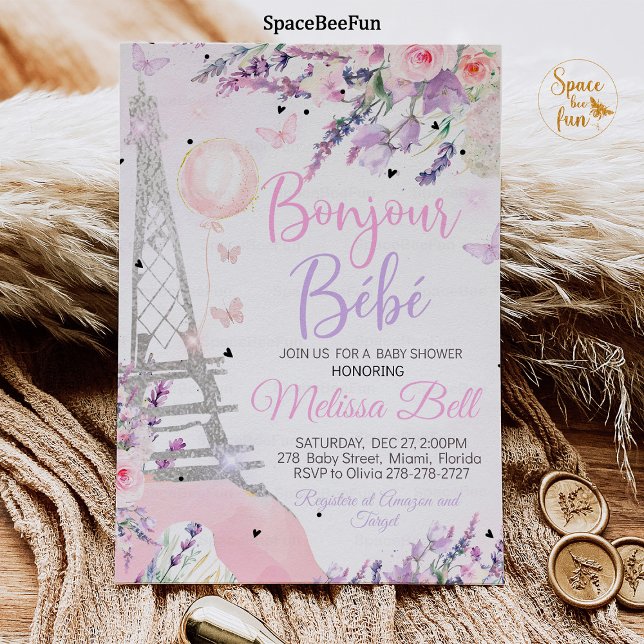 Invitación Baby Shower de París Bonjour Bebe rosa (Paris Baby Shower Invitation Bonjour Bebe Baby Shower Editable Paris Baby Shower Theme Pink purple)