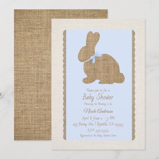 Invitación Baby Shower de Pascua Rústica Azul y Burlap (Anverso / Reverso)