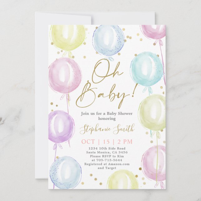 Invitación Baby Shower de Pastel Balloons (Anverso)