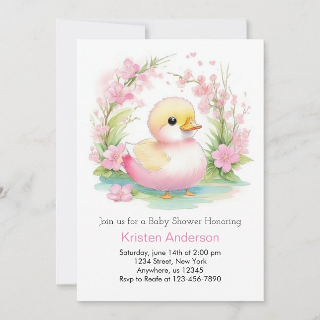 Invitación Baby Shower de Patito Caprichoso con Flores Rosada (Anverso)