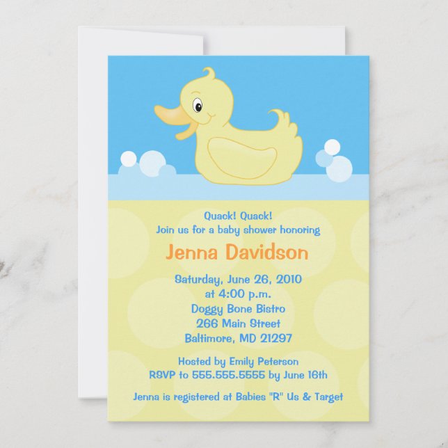 Invitación Baby Shower de pato amarillo 5x7 (Anverso)