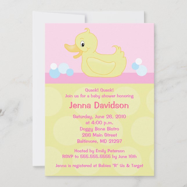 Invitación Baby Shower de pato amarillo 5x7 - rosa (Anverso)