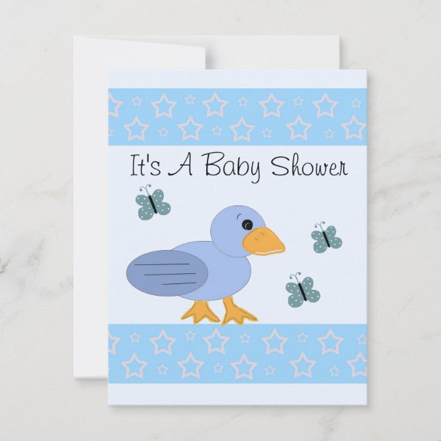 Invitación Baby Shower De Pato Azul Y Mariposa (Anverso)