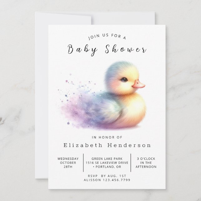 Invitación Baby Shower de pato editable neutro de género (Anverso)