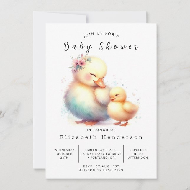 Invitación Baby Shower de pato imprimible chica (Anverso)