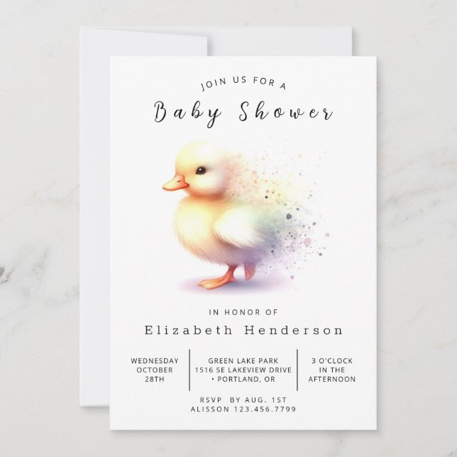 Invitación Baby Shower de pato imprimible neutro de género (Anverso)