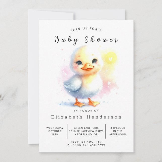 Invitación Baby Shower de pato imprimible neutro de género (Anverso)