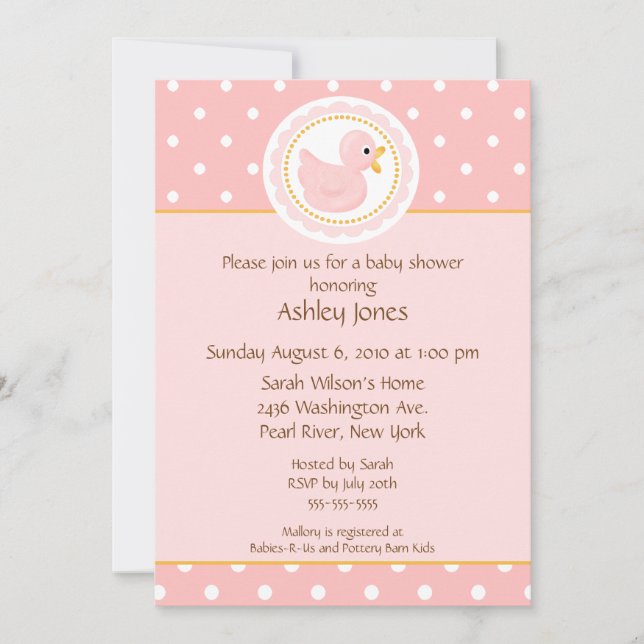 Invitación Baby Shower de pato rosado (Anverso)