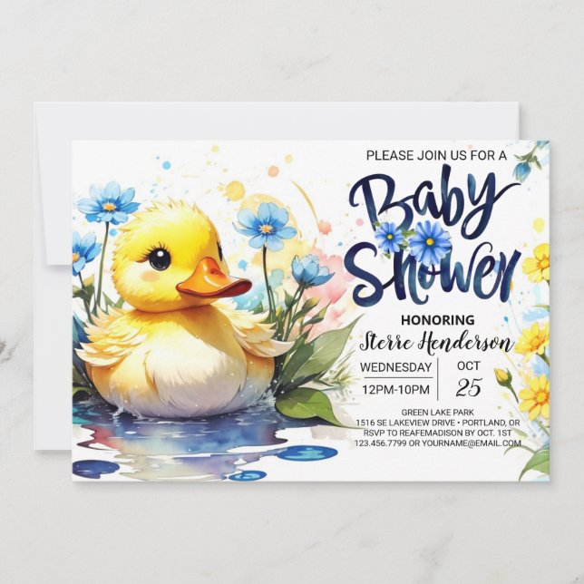 Invitación Baby Shower de pato y flores silvestres (Anverso)