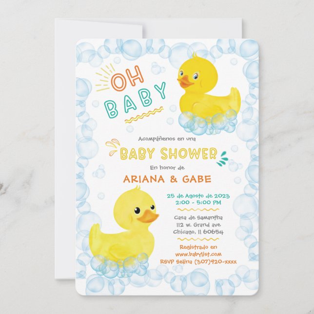 Invitación Baby Shower de patos de goma gemelos (Anverso)