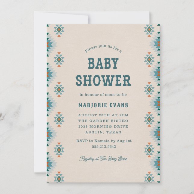 Invitación Baby Shower de patrón azteca azul suroeste (Anverso)