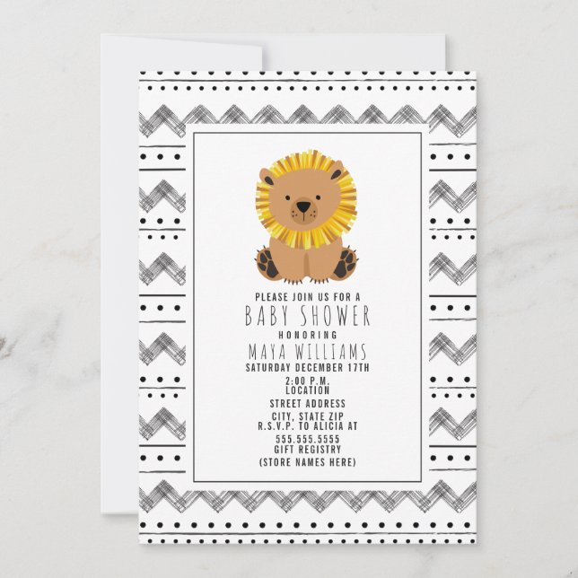 Invitación Baby Shower De Patrón Blanco Y Negro De León (Anverso)