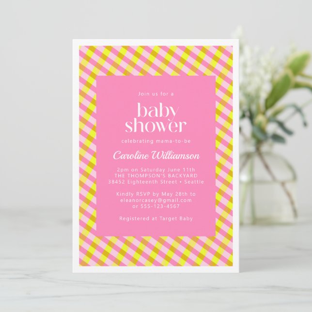 Invitación Baby Shower de patrón cuadrado amarillo rosado (Anverso de pie)