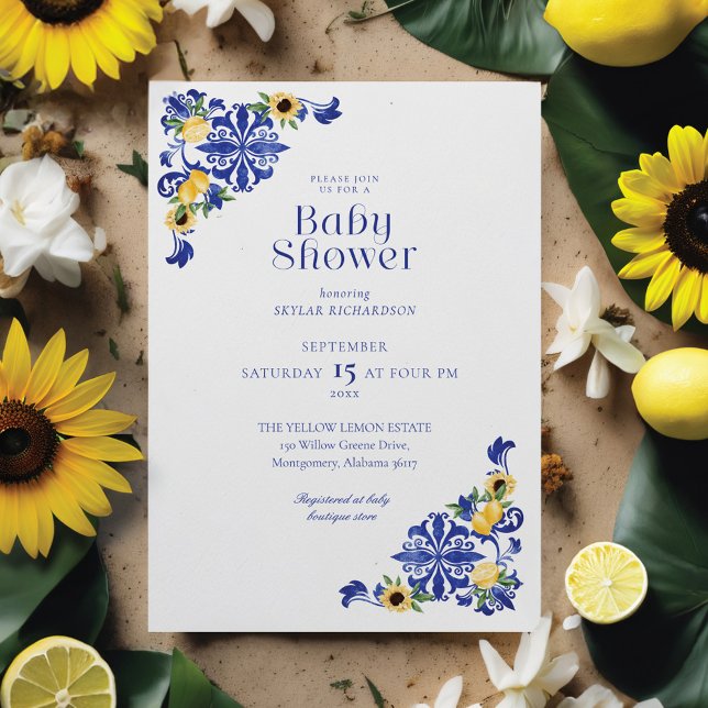 Invitación Baby Shower de patrón de alfarería azul antiguo (Lemons & Antique Blue Pottery Pattern Baby Shower Invitation)