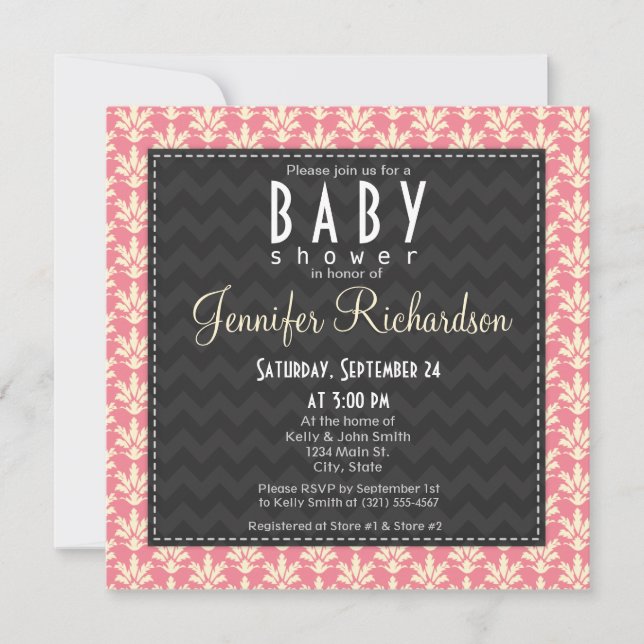 Invitación Baby Shower de patrón de damasco rosa cuadrado (Anverso)