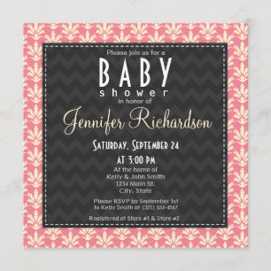 Invitación Baby Shower de patrón de damasco rosa cuadrado