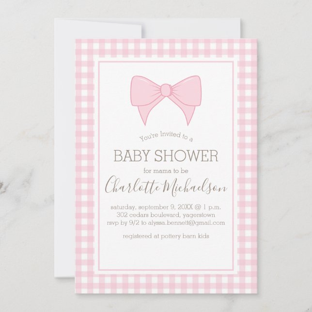 Invitación Baby Shower de patrón de Gingham rosa y blanco (Anverso)
