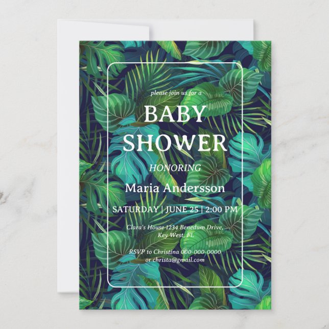 Invitación Baby Shower de patrón de hoja tropical (Anverso)
