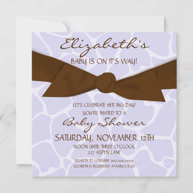 Invitación Baby Shower de patrón de jirafa con arco marrón (Anverso)