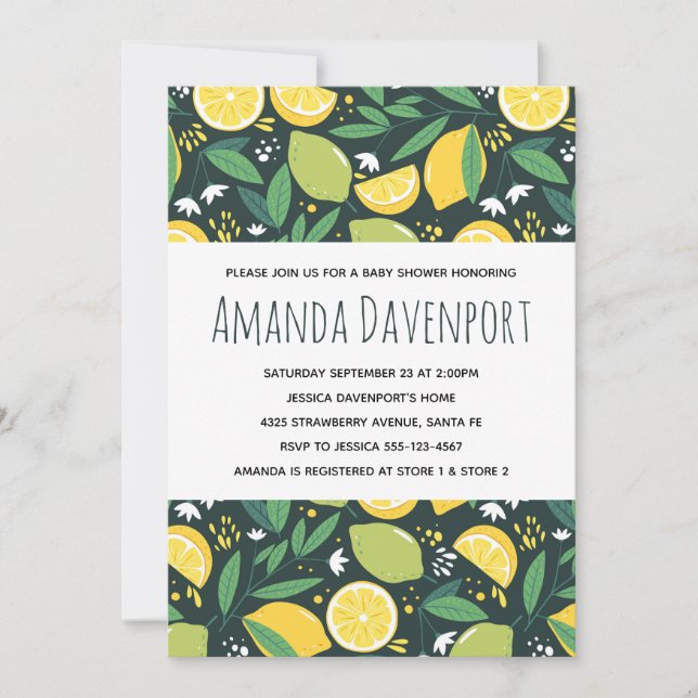 Invitación Baby Shower de patrón de limón amarillo y fruta de (Anverso)