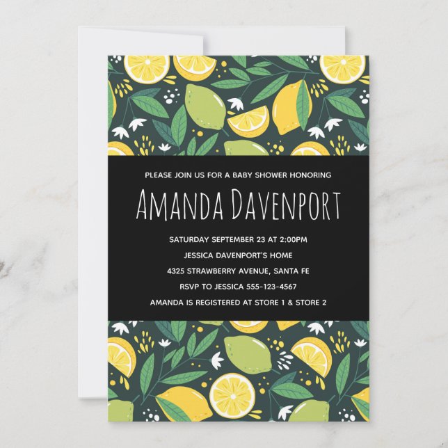 Invitación Baby Shower de patrón de limón amarillo y fruta de (Anverso)