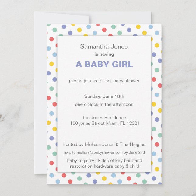 Invitación Baby Shower de patrón de punto de la polca arcoiri (Anverso)