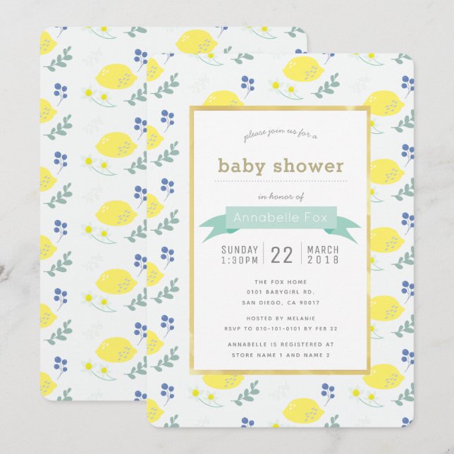Invitación Baby Shower de patrón floral de limón b (Anverso / Reverso)