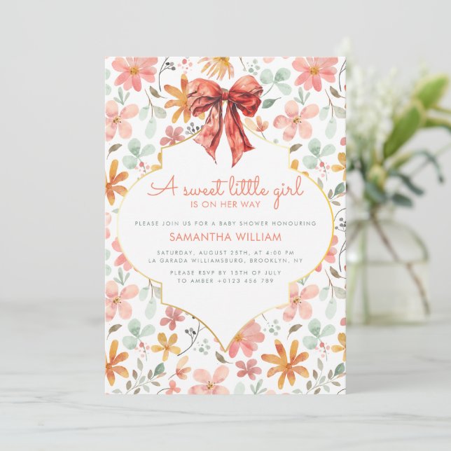 Invitación Baby Shower de Peach Floral Bow Coquett (Anverso de pie)