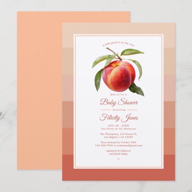 Invitación Baby Shower de Peach Fuzz (Anverso / Reverso)