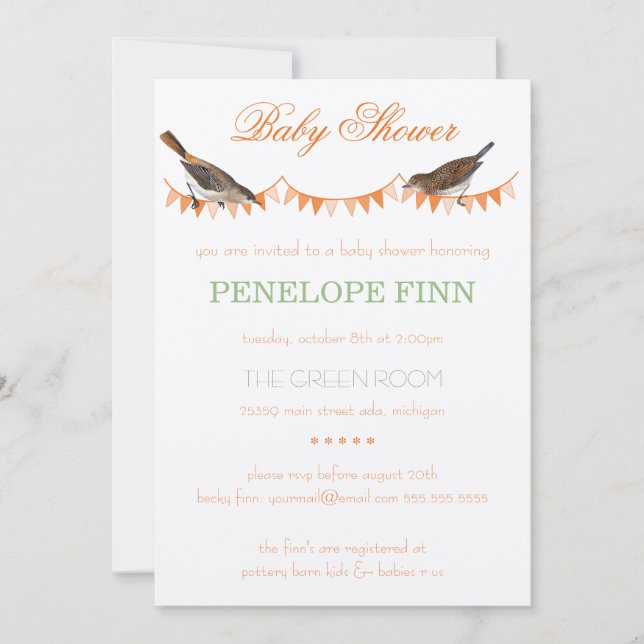 Invitación Baby Shower de Peach Green Bunting Bird (Anverso)