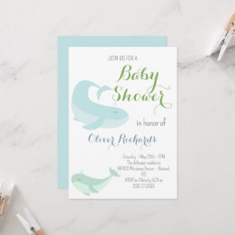 Invitación Baby Shower de peces Blue Whale Green Pastel Ocean