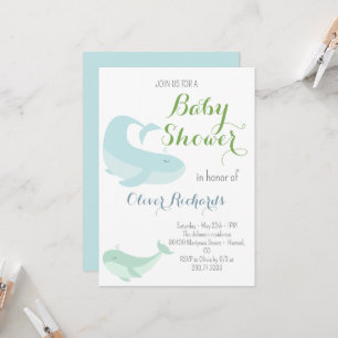 Invitación Baby Shower de peces Blue Whale Green Pastel Ocean