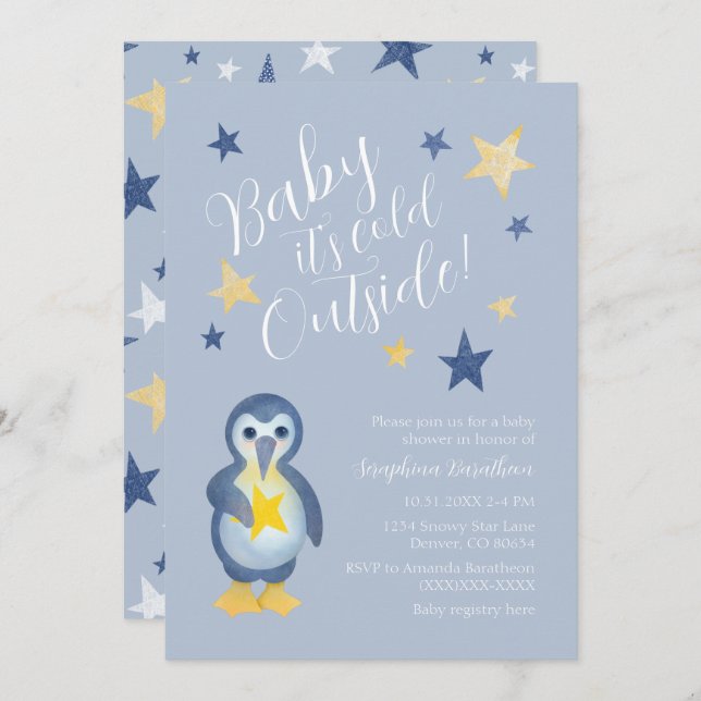 Invitación Baby Shower de penguin de invierno amarillo azul (Anverso / Reverso)