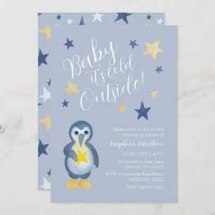 Invitación Baby Shower de penguin de invierno amarillo azul