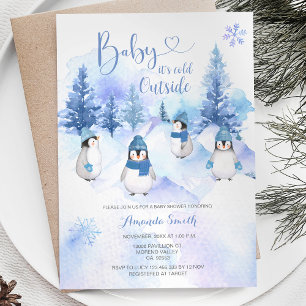 Invitación Baby Shower de Penguin Gorra Azul de Invierno con