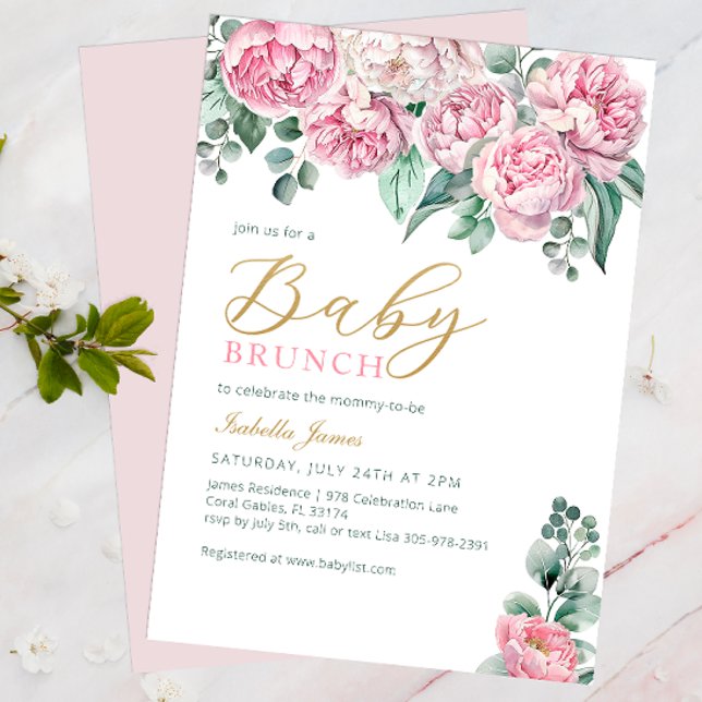 Invitación Baby Shower de Peony Rosa y Eucalyptus  (Floral Baby Shower Invite)