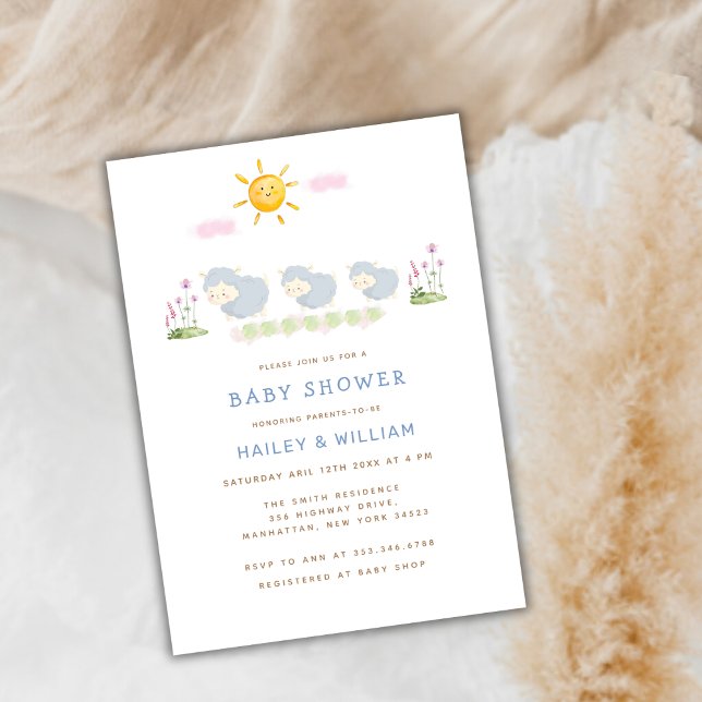 Invitación Baby Shower De Pequeñas Ovejas Curiosas (Cute Whimsical Little Sheep Baby Shower Invitation)