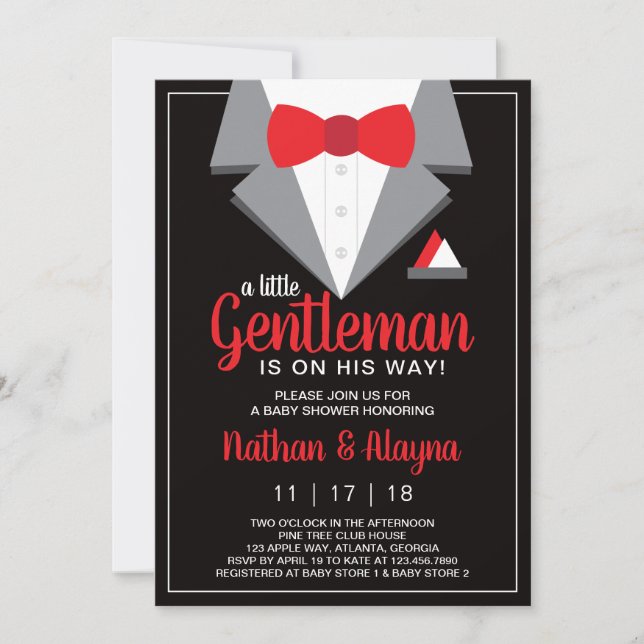 Invitación Baby Shower de pequeño caballero, Tuxed (Anverso)